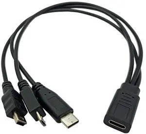 BUCIER USB C Splitter Charge Cable,1 Feet USB Type C Female to Type C + Micro USB + Mini USB Splitter Extension Charging Cable, 3 in 1 Fast Charging Cord(Only for Charging)