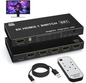 BUCIER 8K HDMI Switch 5 in 1 Out HDMI Splitter - 8K@60Hz/4K@120Hz HDMI Switcher 5 Port with IR Remote for Xbox PS4 PC TV