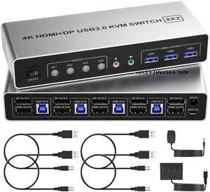 Displayport HDMI KVM Switch 2 Monitors 4 Computers - 4K60Hz Dual Monitor KVM Switch for 4 Computers Share 2 Monitors & 3 USB3.0 Ports/Audio/Mic, HDMI DP KVM Switches 4 Ports for 4 PC 3 USB Devices