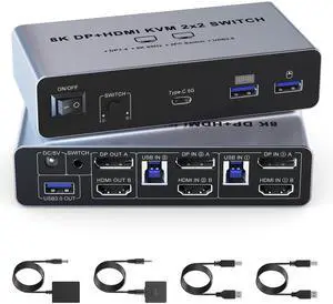 USB3.0 Displayport HDMI KVM Switch 2 Monitors 2 Computers, 8K@60Hz KVM Switch Dual Monitor 2 PC with Type C + 3 USB 3.0 Ports and Audio Microphone, 2 Port HDMI+DP Monitor Switch for 2 PC 2 Monitors