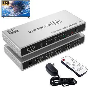 BUCIER 5 Port HDMI 8K Switch with Remote HDMI 2.1 Switch HDMI Switcher Splitter 5 in 1 Out - 4K@120Hz/8K@60Hz, 48Gbps, HDR10+, Dolby, HDCP 2.3 CEC VRR, for PS5/PS4, Xbox X, TV