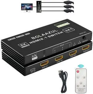 BUCIER 4K HDMI 2.1 Switch 120Hz 3 in 1 Out, 8K@60Hz HDMI 2.1 Splitter Switcher Selector Box 3-Port with Remote 4K 120Hz 2K 144Hz, HDMI Port Expander 3x1 HDR, 48Gbps, CEC, for Xbox Series X PS5