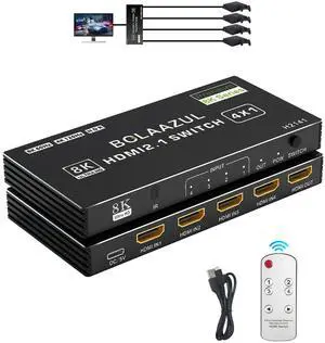BUCIER 8K HDMI 2.1 Switch 120Hz 4K 4 in 1 Out, 8K@60Hz HDMI 2.1 Splitter Switcher Selector Box 4-Port with Remote 4K 120Hz 2K 144Hz, HDMI 4x1 HDR, 48Gbps, CEC, Dolby Vision, for Xbox Series X PS5