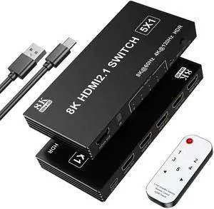 BUCIER 8K@60Hz HDMI 2.1 Switch 5 in 1, 4K@120Hz HDMI Switcher Selector with Remote, HDMI Splitter Support 48Gbps HDR 10+ Dolby Vision/Atmos HDCP 2.3 CEC for PS5 4 Xbox TV Game PC Roku