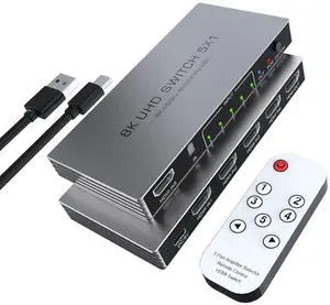BUCIER HDMI Switch 5 in 1 Out 8K@60Hz 4K@240Hz HDMI 2.1 Switcher Splitter Support HDR10+ HDCP 2.3 CEC with Power Adapter Compatible with PS5/4 Xbox Nintendo Switch Roku Apple TV Fire Stick BUCIER HDMI Switch 5 in 1 Out 8K@60Hz 4K@240Hz HDMI 2.1 Switcher Splitter Support HDR10+ HDCP 2.3 CEC with Power Adapter Compatible with PS5/4 Xbox Nintendo Switch Roku Apple TV Fire Stick