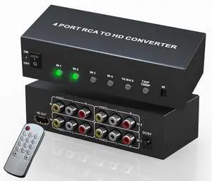 BUCIER Multiple RCA to HDMI Converter -4 Port Red White Yellow Composite Component to HDMI Converter for N64/Smart TV/AUX/PS2/PS3/VHS/VCR/DVD Players, Support 4:3/16:9 1080P/720P RCA AV to hdmi Switch
