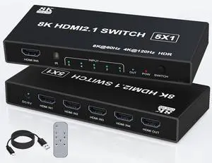 BUCIER HDMI Splitter 120Hz 4k-5 in 1 Out 8K HDMI 2.1 Switch Box Port Expander Selector with Remote Support 3D/HDR/HDCP2.3, Compatible with PS 5/4/3 Xbox Switch DVD Player TV PC 4k 120Hz HDMI Splitter