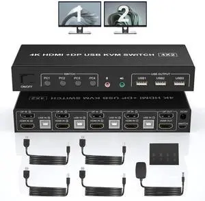 BUCIER Displayport+HDMI Dual Monitor KVM Switch for 4 PCs, 4K 60Hz KVM Switch 2 Monitors 4 Computers, with Audio Microphone Output and 3 USB 2.0 Ports, HDMI+DP Monitor Switch for 4 PCs 2 Monitors