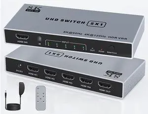 BUCIER 8K HDMI Splitter 5 in 1 Out HDMI Switch - 4k 120Hz HDMI 2.1 Switch Box Port Expander Selector with Remote Support 3D/HDR/HDCP2.3 Vision, Compatible with PS 5/4/3 Xbox Switch DVD Player TV PC