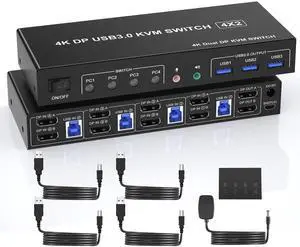 BUCIER USB 3.0 Displayport Dual Monitor KVM Switch for 4 PCs, 4K 60Hz KVM Switch 2 Monitors 4 Computers, with Audio Microphone Output and 3 USB 3.0 Ports, DP Monitor Switch for 4 PCs 2 Monitors