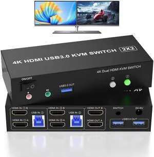 BUCIER HDMI Dual Monitor KVM Switch 2 Computers 2 Monitors Support 4K 60Hz, EDID Emulators USB 3.0 KVM Switcher for 2 Computers Share Dual Monitors and 3 USB 3.0 Ports with Audio Microphone