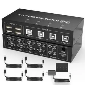 BUCIER 4 Port KVM Switch Dual Monitor Displayport 4K 60Hz, KVM Switch 2 Monitors 4 Computers with 4 USB 2.0 Hub, Dual Monitor Displayport KVM Switch Keyboard Mouse Switcher