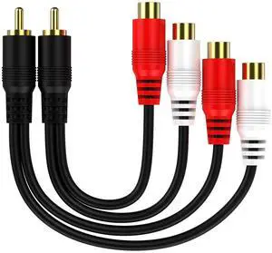 BUCIER RCA 1 Male to 2 Female Audio Speaker Y Adapter Splitter Cable with OFC Conductor Dual Shielding Gold Plated Metal Shell Flexible PVC Jacket - 2 Pack / 0.6FT