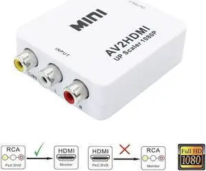 Mini RCA/AV 3RCA Composite Video AV to HDMI Converter for TV/PC/PS3/Xbox one/Blue-Ray DVD, DVR 1080P Upscaler
