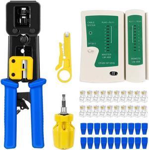 J45 Crimp Tool Kit Pass Thru Cat5 Cat5e Cat6 RJ45 Crimping Tool with 20PCS RJ45 Cat6 Pass Through Connectors, 20PCS Covers, 1 Network Cable Tester,1 Wire Punch Down Cutter and 1 Mini Screwdriver