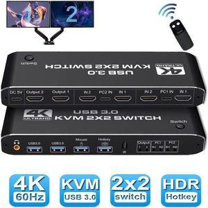 Dual Monitor HDMI USB 3.0 KVM Switch, 2x2 USB3.0 HDMI KVM Switch, 2 in 2 Out 4K @60Hz HDMI KVM Switcher 2x2 Mixed Display 2 Monitors 2 Computer for PC laptop