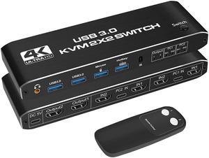 2x2 USB 3.0 KVM Switch 2 Monitors 2 Computers 2 in 2 Out, 2 Port Dual Monitor HDMI KVM switches with Audio, Keyboard Video Mouse Peripherals KVM Switch Support UHD 4K @60Hz, USB 3.0 Hub, Hotkey