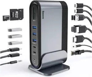 BASEUS USB-C 4K Triple Display Docking Station, Baseus USB C Dock Universal Docking Station with 3 HDMI 4K, Audio, Ethernet, 5 USB Ports, 100W USB-C PD, SD/TF Card Reader for Windows, PC, Mac, Laptops