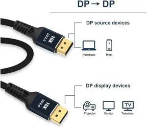 DisplayPort 2.0 Ultra HD 16K 10K 8K 4K HBR3 16K(15360x8640)@60Hz 10K/8K@60Hz 4K@165Hz High Speed 80Gbps HDCP 3D Slim and Flexible DP to DP Cable 1m  3.3 ft.