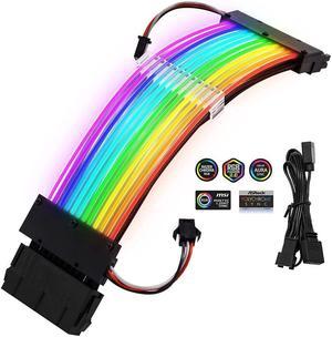 Pccooler Power Supply Sleeved Cable, Customization 24 Pin Atx Rgb Cable Extension Kit 16Awg, 5V 3Pin Synchronized Psu Cable For Rgb Software From All Major Motherboard Cable Management