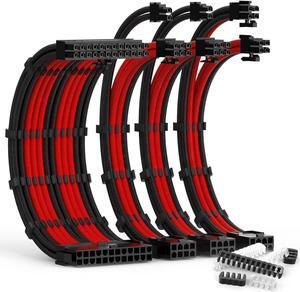 PSU Cable Extension Kit 30CM Length with Cable Combs 1x24Pin/1x8Pin(4+4) EPS/2x8Pin(6P+2P) PCI-E/PC Sleeved Cable for ATX Power Supply(Black & Red)