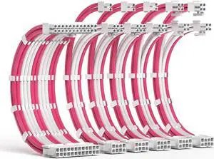 PSU Cable Extension Kit 30CM Length with Combs,1x24Pin/2x8Pin(4+4) EPS/3x8Pin(6P+2P) PCI-E/PC Sleeved for ATX Power Supply,(White & Pink)