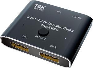 BUCIER 2 Port DisplayPort Switch, 16K@60Hz DP Switch Bi-Direction 8K@120Hz 4K@240Hz Displayport Splitter Converter for Multiple Source and displays 16K DP Video Converter