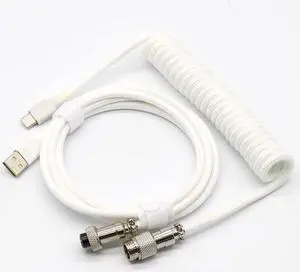 BUCIER Coiled Keyboard Cable for Gaming Mechanical Keyboard, Handwork Braided + PET Mesh, Metal Plug, with Detachable Metal Aviator Connector, 3 Meters USB C Aviator Cable (White)