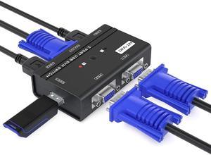 BUCIER USB VGA KVM Switch 2 Ports w/Cables & 3 USB Hubs, 260KL 1080P KVM Switches Two Computers Share 1 Set of Monitor Keyboard Mouse Printer/U Disk