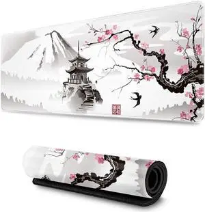 BUCIER Cherry Blossom White Gaming Mouse Pad XL Extended Large Mouse Mat Desk Pad Stitched Edges Mousepad Long Nonslip Rubber Base Mice Pad 31.5 X 11.8 Inch
