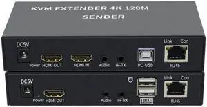 BUCIER 4K HDTV 120M KVM Extender HDMI-Compatible USB-A Keyboard Mouse 3.5mm AUX Aluminium Alloy Over CAT6 RJ45 Lan Ethernet Extender(With US Plug)