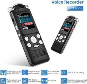 BUCIER 16GB digital recorder with variable speed playback, audio recorder, HD noise reduction dual microphone, MP3 player, for lectures, meetings, interviews noise reduction recording