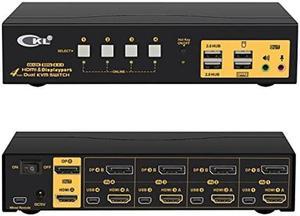 BUCIER 4 Port Dual Monitor KVM Switch HDMI + DisplayPort 4K 60Hz YUV 4:4:4, Keyboard Video Mouse Switcher for 4 Computers 2 Monitors with Audio and USB 2.0 HUB