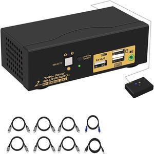 2 Port Triple Monitor KVM USB C, 3 Monitor KVM Switch USB-C with Audio, USB 2.0 Hub and Cables for 2 Computers/Macs/Mobile Phones Sharing 3 Monitors and Single Keyboard Mouse