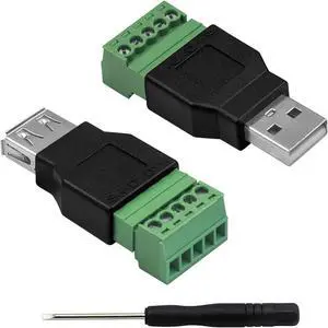 BUCIER USB 2.0 A Screw Terminal Block Connector, USB 2.0 A Male Female Plug to 5 Pin/Way Female Bolt Screw terminals Adapter Connector Breakout Board Converter, 2-Pack