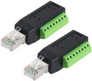 BUCIER RJ45 Screw Terminal Breakout Board Adapter, 90 Degree RJ45 Screw Terminal Connector, Network Ethernet Adapter 8P8C Male to 8 Pin AV Extender for CCTV, Cat5, Cat6 (2-Pack)