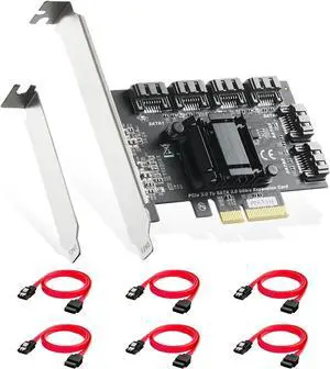 BUCIER PCIE X4 to SATA Card 6 Port, 6Gbps SATA 3.0 Controller, Includes 6 SATA Cables and Low Profile Bracket, for Windows 10/11