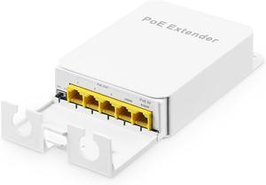 BUCIER Outdoor Gigabit PoE Passthrough Switch, 1 PoE in 4 PoE Out Extender, IEEE802.3af/at/bt PoE Powered 90W, 10/100/1000Mbps Ethernet, Wall Mount Waterproof Plug and Play
