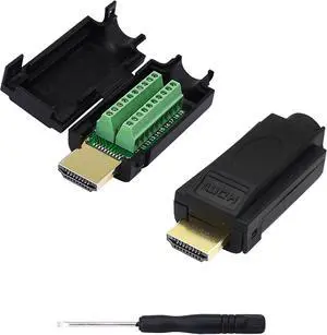 BUCIER 2 Pack HDMI Solderless Adapter Gold Plated HDMI Extension Cable Connector Signals Terminal Breakout Board Free Welding Connector with Plastic Cover Screwdriver