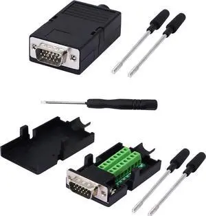 BUCIER VGA DB15 Solderless Connector 3+9 D-SUB 15 Pin VGA 3 Row Breakout Board Adaptor with Case+Screwdriver(2-Pack Male)
