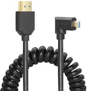 BUCIER Micro HDMI to HDMI Cable Coiled 8K HDMI 2.1 Telescopic Cable High Speed Cable Support 120Hz 48Gbps Dynamic HDR for Digital Cameras (Left Angle)