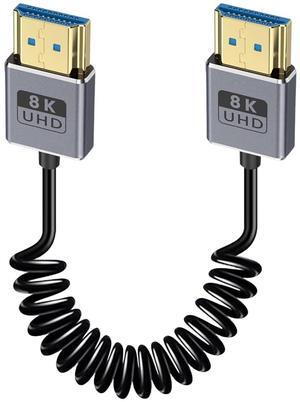 BUCIER Coaxial 8K Coiled HDMI Cable, Extreme Thin HDMI to HDMI 2.1 Cable [8K@60Hz, 4K@240Hz, 48Gbps] Short HDMI Cable for Camera Monitors, PS5, Roku, BluRay TV 1-2Ft