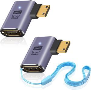 BUCIER 8K 90 Degree Mini HDMI to HDMI Adapter, Right Angle HDMI to Mini HDMI Adapter Supports 8K@60Hz, 4K@144Hz, 2K@240Hz for Camera, Camcorder - 2 Pack