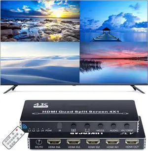 BUCIER HDMI Multi-Viewer 4X1, Seamless Switcher 4 in 1 Out, Quad Multi Viewer Switcher with IR Remote, Supports 4K 30Hz, 5 Display Modes for Security Camera, Gaming Consoles