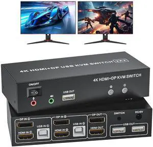 HDMI Displayport KVM Switch 2 Monitors 2 Computers, 4K@60Hz USB 2.0 DP 1.4 KVM Switch w/Audio Micro, Dual Monitor Supports Extended/Mirror Mode, 2-Port for 2 PC Share 1 Set of Keyboard Mouse Printer