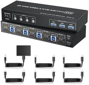 BUCIER DisplayPort KVM Switch Box for 4 Computers Share 2 Monitors, DP KVM Switch with 3 USB 3.0 Ports, Support 4K@60Hz Copy Extended Splicing Display, Button Controller & 4 USB Cables Included