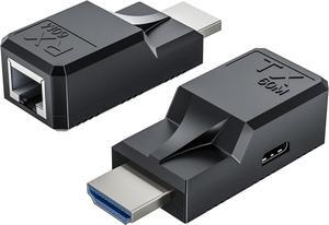 BUCIER 196FT HDMI Extender Over Single Ethernet Cat5e/6 Cable, Support Audio Video UHD 1080P@60Hz, HDMI Male to Male RJ45 Network LAN Extender 60M Converter Repeater, for HDTV, PC, PS3/4,  Monitor