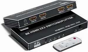 BUCIER 2x2 HDMI Switch Splitter, HDMI 2.1 Switcher 2 in 2 Out 8K@60Hz 4K@120Hz, w/IR Remote Control, Supports HDCP 2.3 HDR, HDR10, HDR 10+, 3D