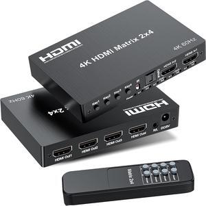 BUCIER 4K 2x4 HDMI Matrix Switch, 2 in 4 Out Matrix HDMI 2.0 Video Switcher Splitter, Optical & 3.5mm Audio Output, Support 4K 60Hz HDR HDCP2.2,18Gbps, with IR Remote Control for NS PS5 Fire Stick etc