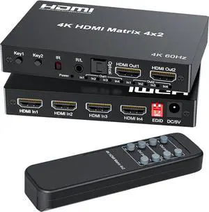 4x2 HDMI Matrix, HDR 4K@60Hz 4 in 2 Out HDMI Switch Splitter with IR Remote, HDMI Matrix Switch + Optical Toslink + 3.5mm L/R Audio Output, Support UHD HDMI2.0, HDCP2.2, 18Gbps, EDID, Audio Extract